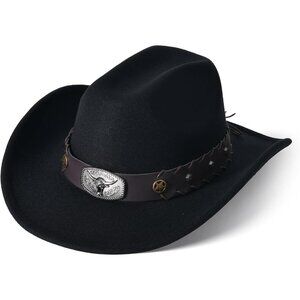 Unisex Black Western with Bull Skull Buckle Band Classic Fedora Cowboy Felt Hat